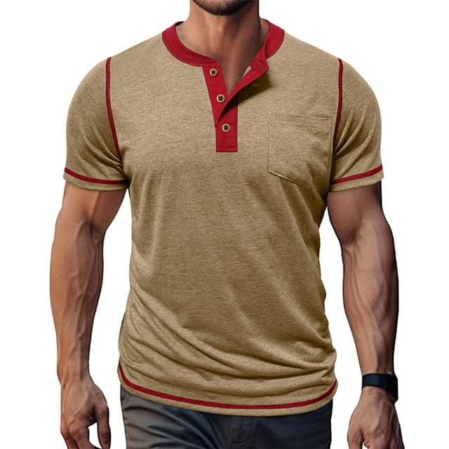 Tops para hombre, blusas y camisas de manga corta con cuello redondo para hombre, blusas casuales de moda vintage con botones, cuello redondo y manga corta para hombre, blusa de poliéster para hombre