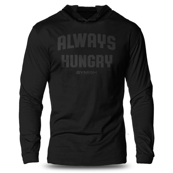 GYMISH Always Hungry Lightweight Long Sleeve Hooded T-Shirt for Men – Funny Gym Hoodie, Athletic Workout Hoodie, Black on Black, Small