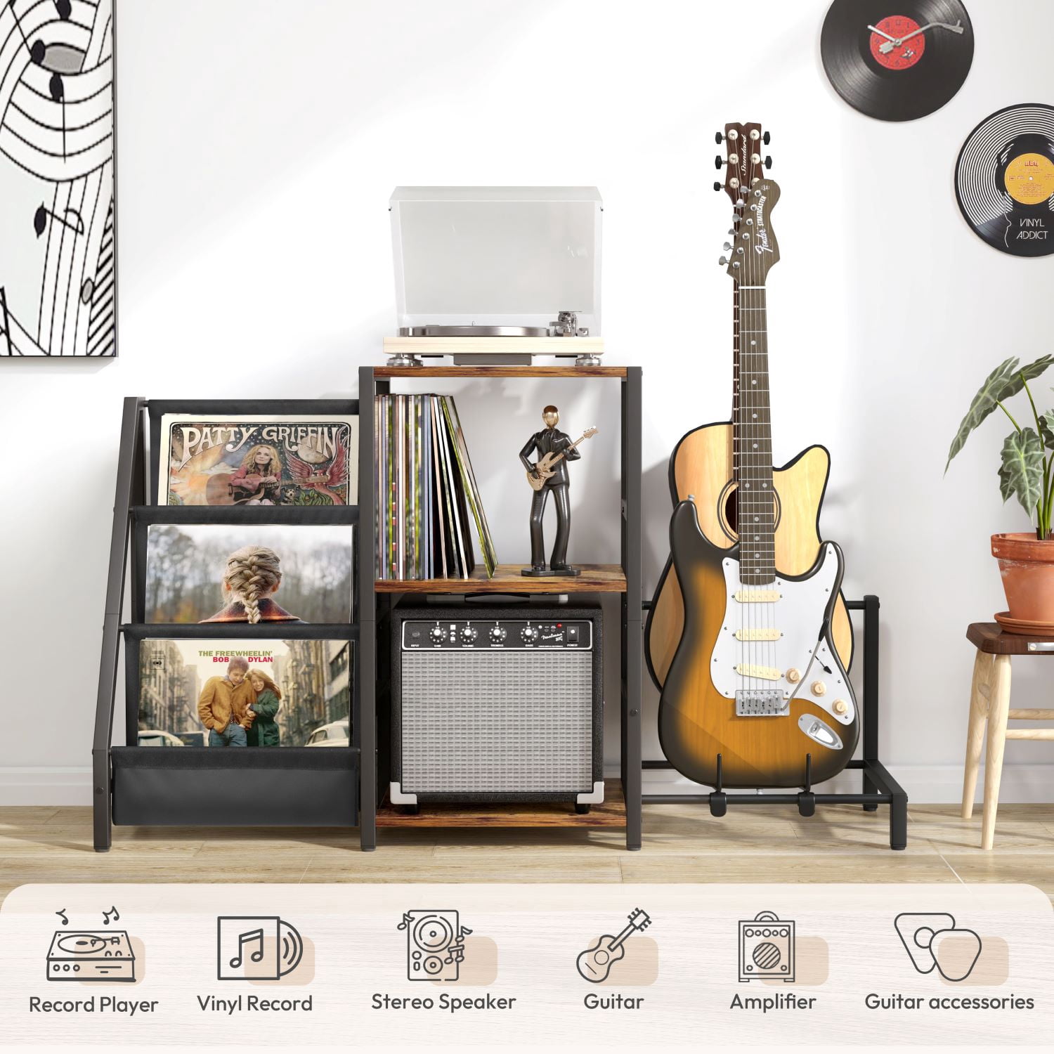 Olakee 3-Tier Record Player Stand with Guitar Stand for Acoustic, Electric Guitar, Bass, Vinyl Record Storage up to 200 Albums