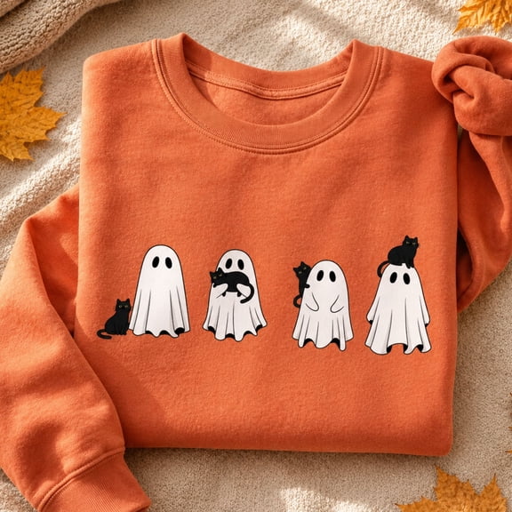 Halloween Shirt, Cute Ghost and Black Cat Sweatshirt, Spooky Kitty Hoodie, Minimalist Halloween T-Shirt, Cat Lover Gift for Women and Men