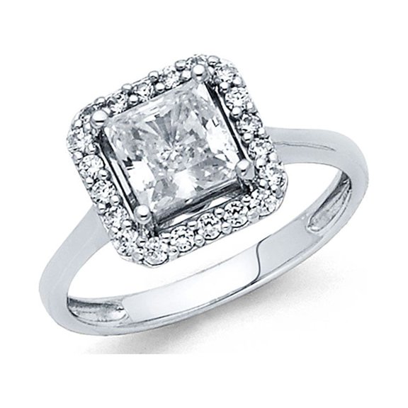 14k White Gold Halo Princess CZ Engagement Ring Anniversary Halo Square CZ Band Bridal Ring Size 7
