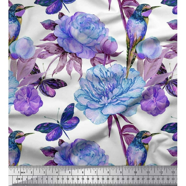 Soimoi Blue Cotton Voile Fabric Hummingbird,Insect & Floral Decor Fabric Printed BTY 56 Inch Wide