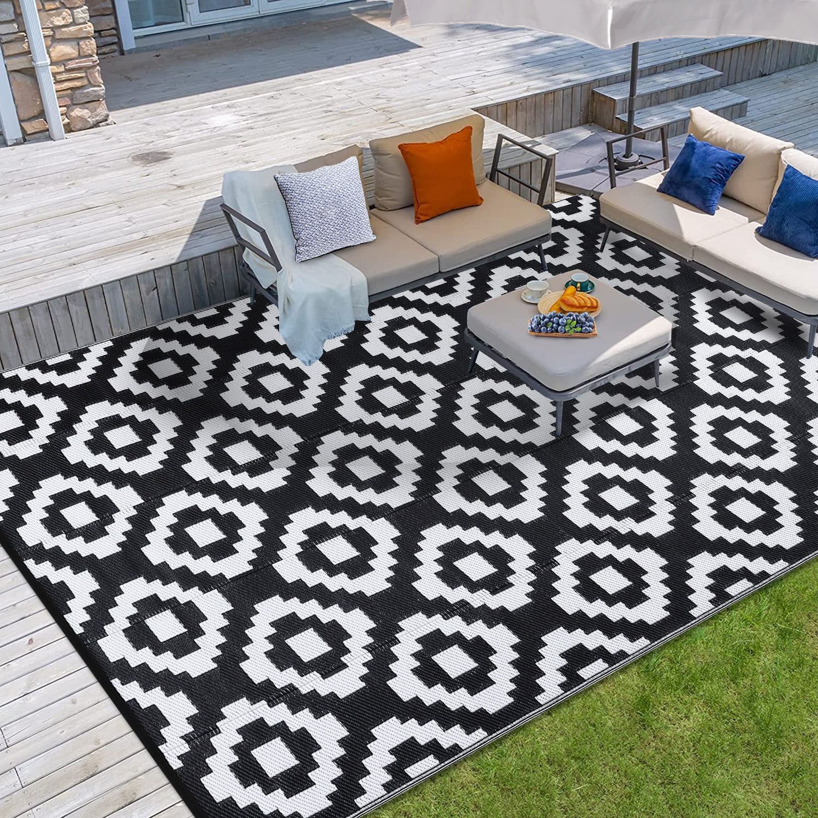 Twister.CK 9x18' Waterproof Outdoor Rug, Reversible Plastic Patio Rugs with Storage Bag, Portable Modern Indoor Outdoor Carpet for Camping, Balcony Deck Backyard, Black & White