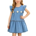 thumbnail image 2 of MGDXOX Girls Sleeveless Denim Dress with Ruffle Sleeves and Tulip Applique Tiered Skirt Casual Flared Swing Dress Light Blue 2 Years, 2 of 9