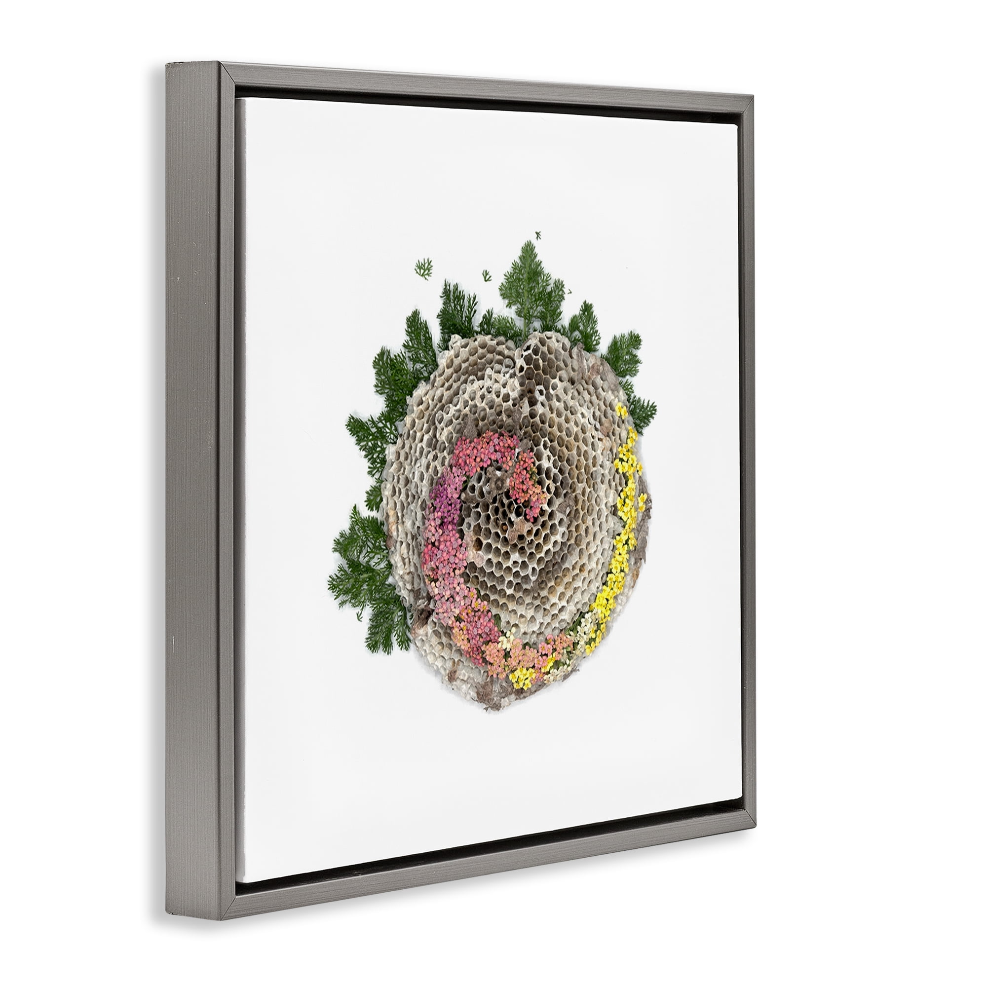 Stupell Industries Honeycomb with Botanicals Gray Framed Floater Canvas Wall Art, design by Beth Adoette