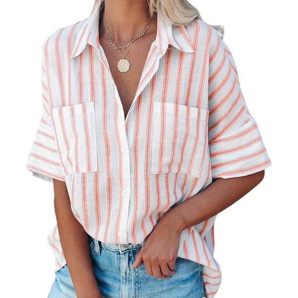 Sonducket Camisa de mujer Media manga Raya Raya Blusa Bolsillos Botón Blusa Bolsillos Botón Cuello en V Top Prendas para la parte del cuerpo Naranja L Sonducket AP003125-13