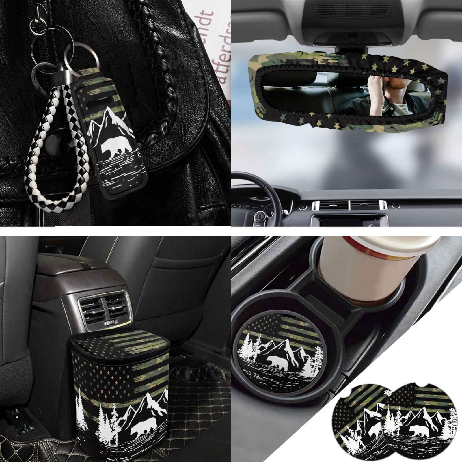Jeiento American Military Flag Car Seat Covers Set of 13 Pack, Auto Steering Wheel Cover Seatbelt Pads Trash Can Rear View Mirror Protector Mountain Coasters Keychain Lip Balm Holder Car Accessory