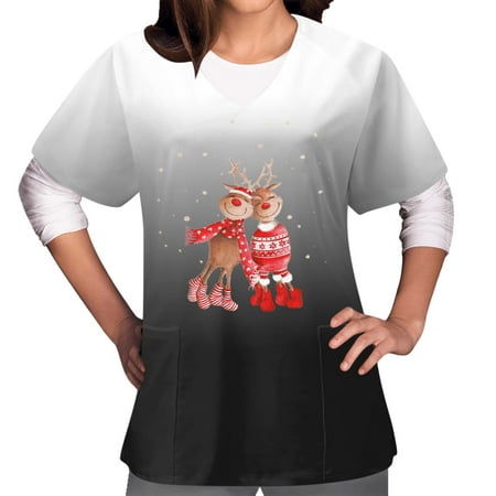 

Christmas Women s Short Sleeve V-Neck Scrub_Top Cute Elk Print Gradient Design Working Shirts Blouse with Pockets