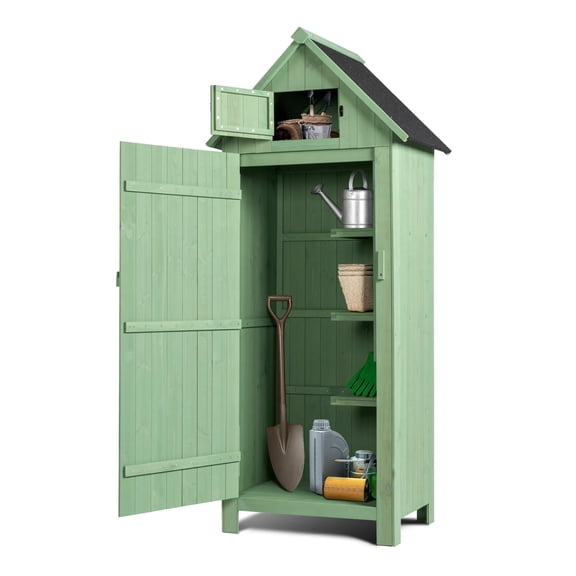 Outdoor Wooden Storage Shed Garden Tool Organizer Cabinet Outside Patio Storage Locker Unit With Sloping Waterproof Asphalt Roof Lockable Door Safety Latch
