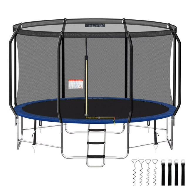 Trampoline Rond en Acier Inoxydable 18/8 de 12 Pieds, Trampoline Extérieur Robuste pour Adultes et Enfants avec Filet de Sécurité, Ensemble de Piquets Coupe-Vent, Barre d'Équilibre, Poteaux Courbés