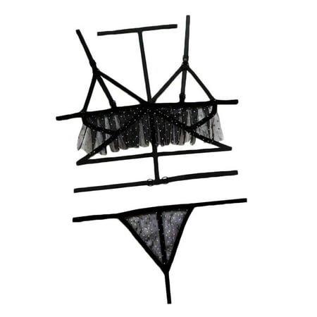 

Tangnade Lingerie Seduction For Women Mesh Bandage Hollow Out Wireless Bra + G-String Lingerie Black Set M-3XL Black L