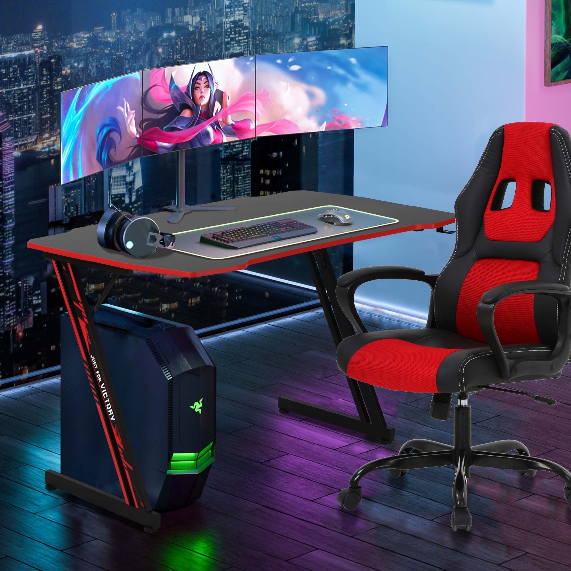 YRLLENSDAN Z Shape Adjustable Feet Carbon Fiber Texture Gaming Desk with Headphone Hook, Red