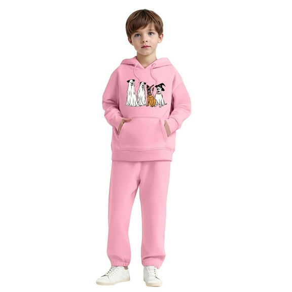 SYMOID Boys Pink Fleece Tracksuit Hoodie & Joggers 2-Piece Set with Cute Dog Graphic for Casual Playwear,Size 3 T