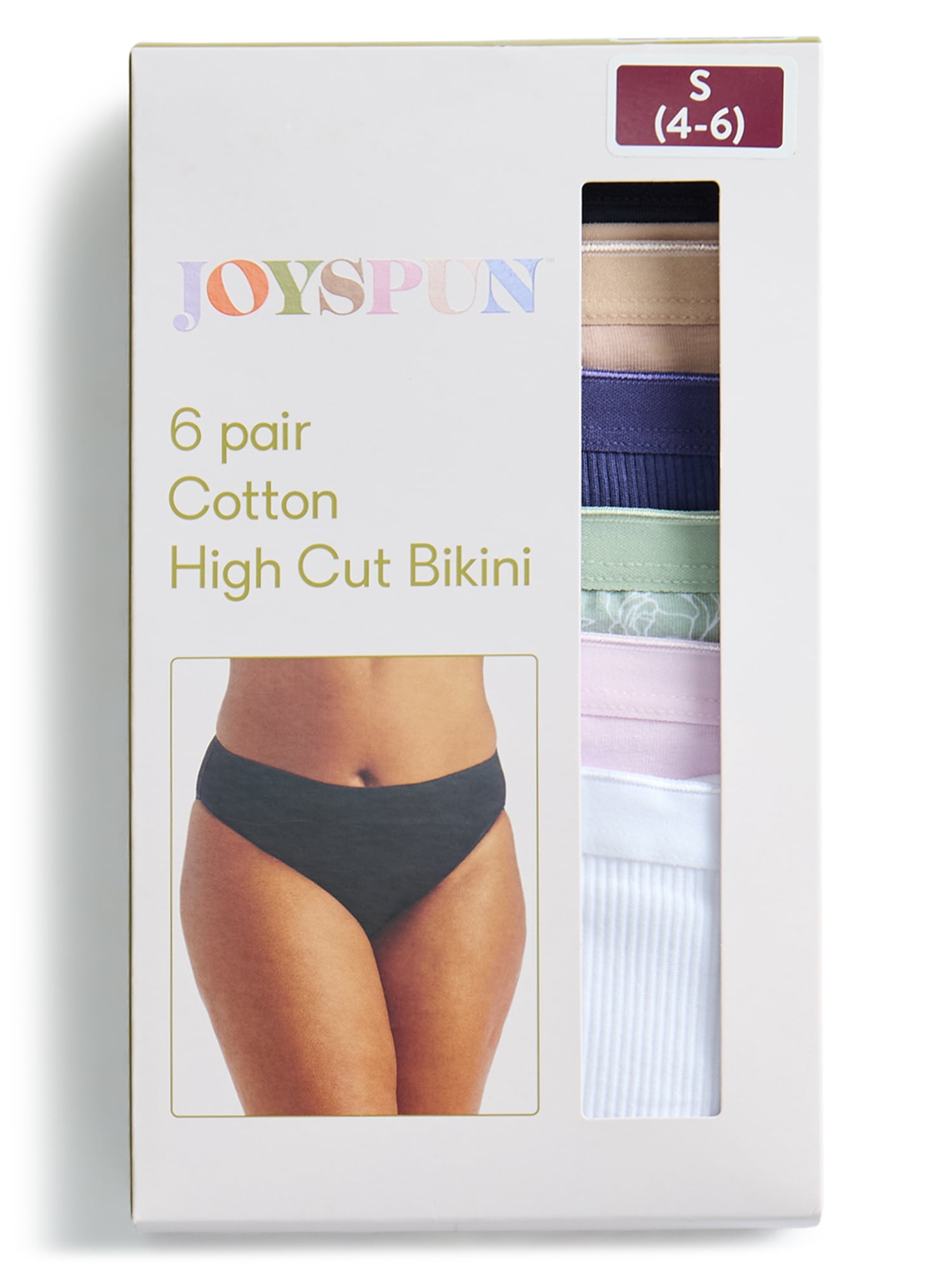Joyspun Women's Cotton-Blend Hi-Cut Bikini Panties, 6-Pack, Sizes S-XXXL