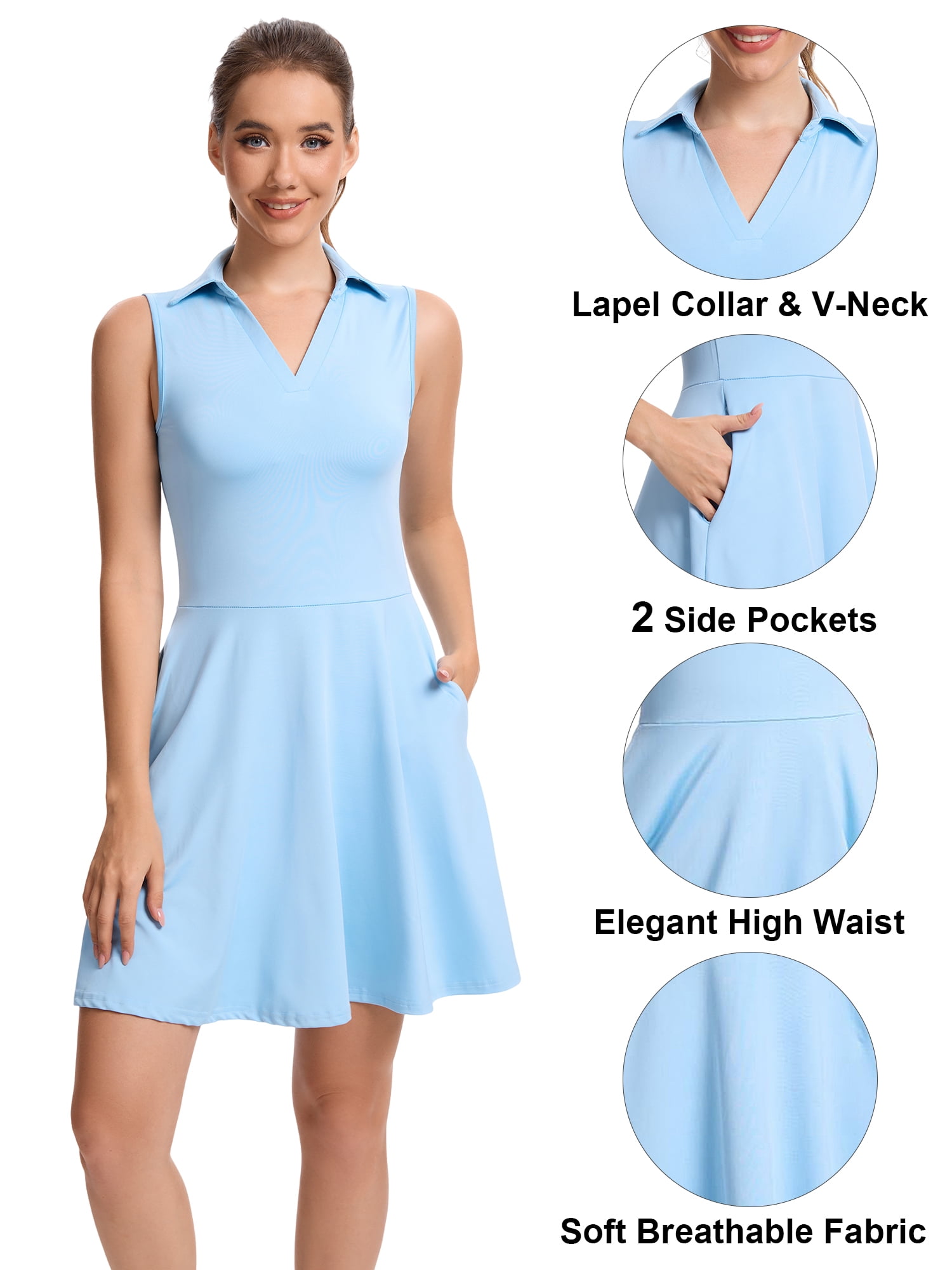 Hanerdun Womens Tennis Dress with Shorts Pockets Sleeveless Athletic Golf Dress Workout Activewear Blue XL