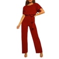 thumbnail image 1 of Pantalon à Jambes Larges Femme Été Manches Courtes Combinaison Col Rond Taille Haute Combinaison à Jambes Larges avec Ceinture Femme, 1 of 4