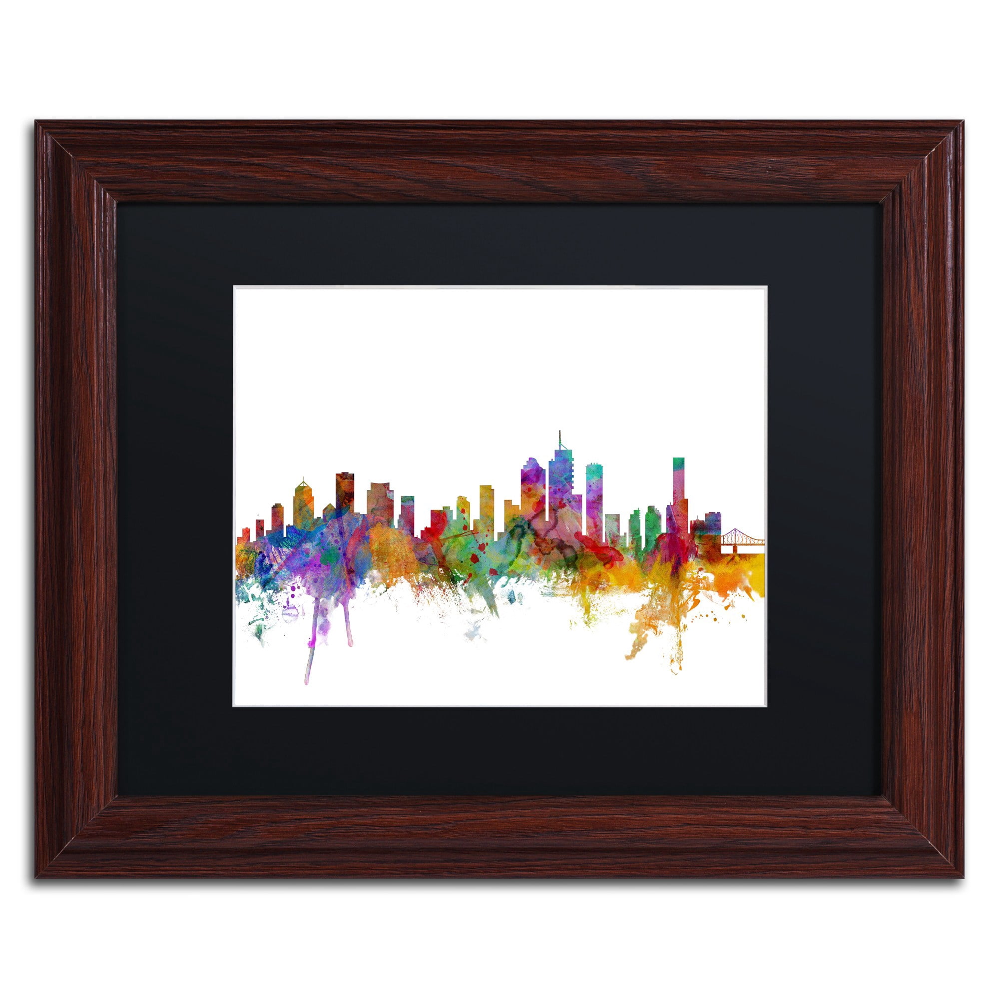 Trademark Fine Art "Brisbane Australia Skyline" Canvas Art by Michael Tompsett Black Matte, Wood Frame