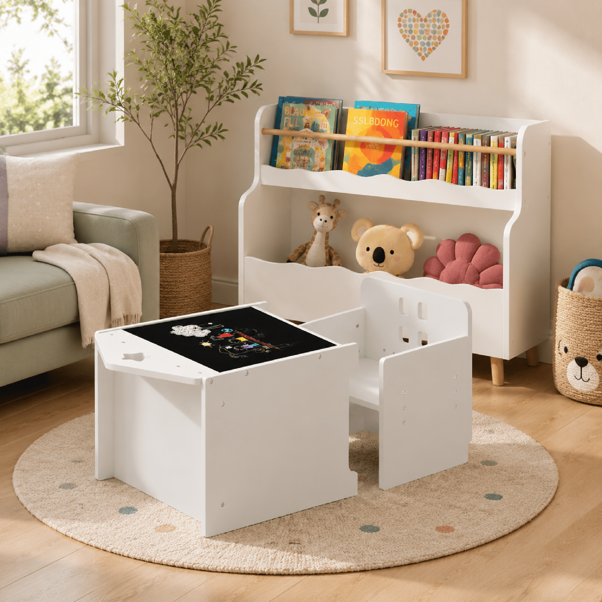 Kids Table and Chair Combo Unit with Writable Surface Adjustable Seat MDF Childrens Activity Furniture