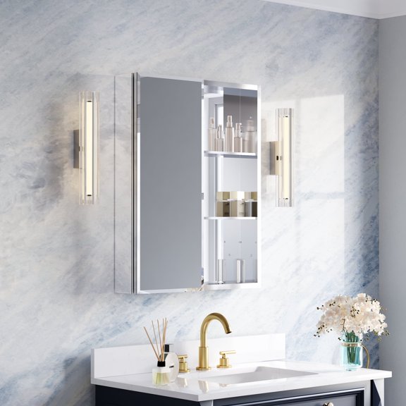 ANGELES HOME 24 x 30 Inch Copper Free Mirror Medicine Cabinet with Beveled Door and Open Shelf Set, Recessed or Surface Mount