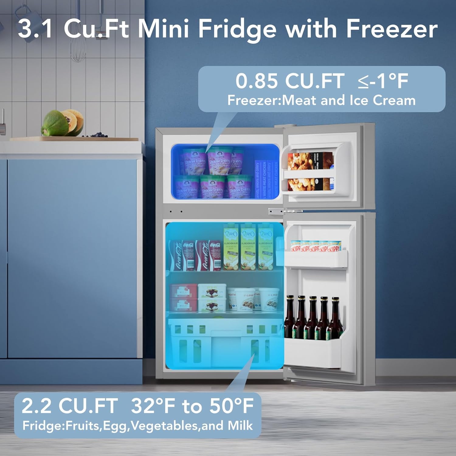 3.1 Cu.Ft Double-Door Compact Mini Fridge with Freezer & Adjustable Glass Shelves -Grey for Dorm, Bedroom, Apartment