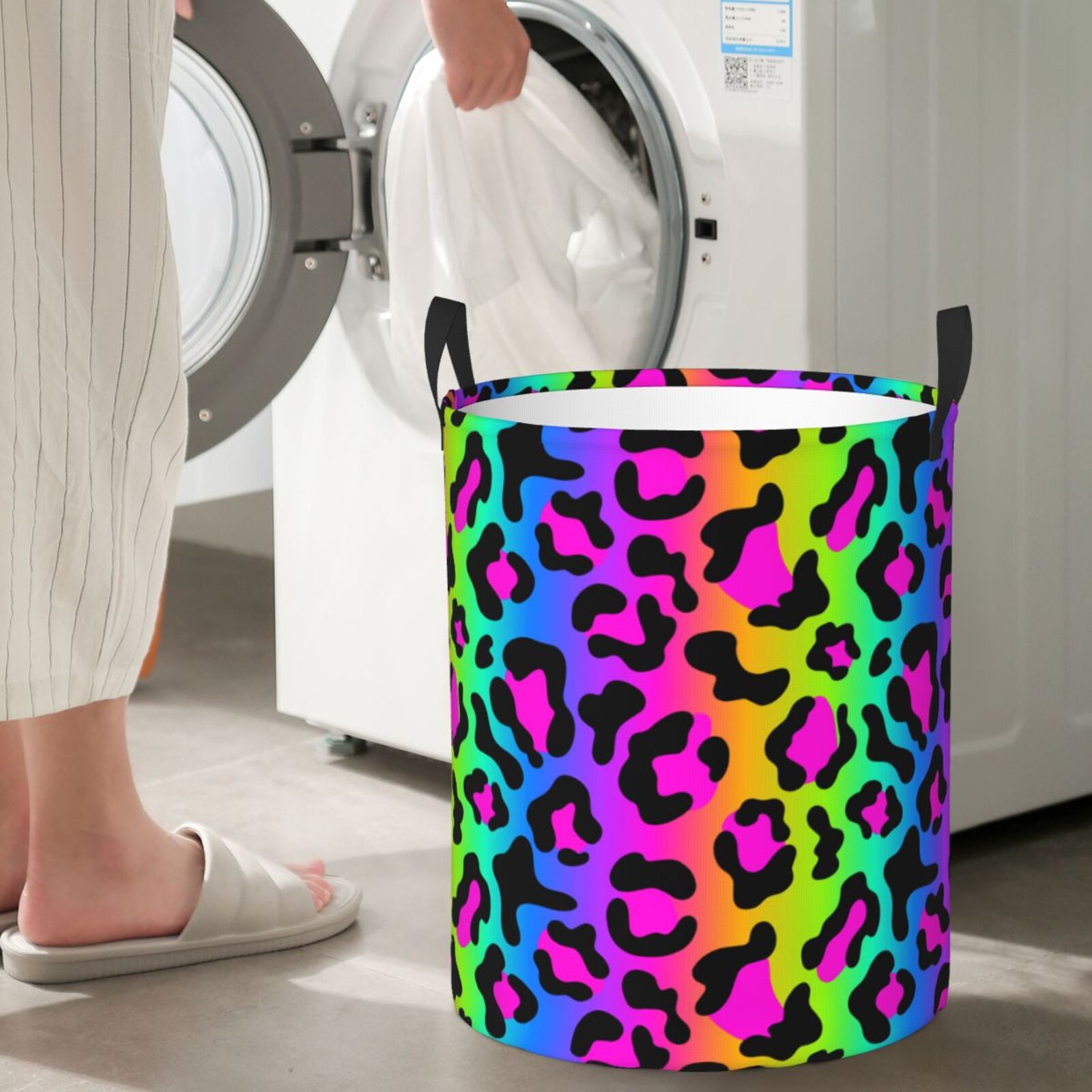 Large Laundry Basket with Handles - Rainbow leopard bright Kids Baby Dirty Clothes Laundry Hamper for Bedroom Aesthetic