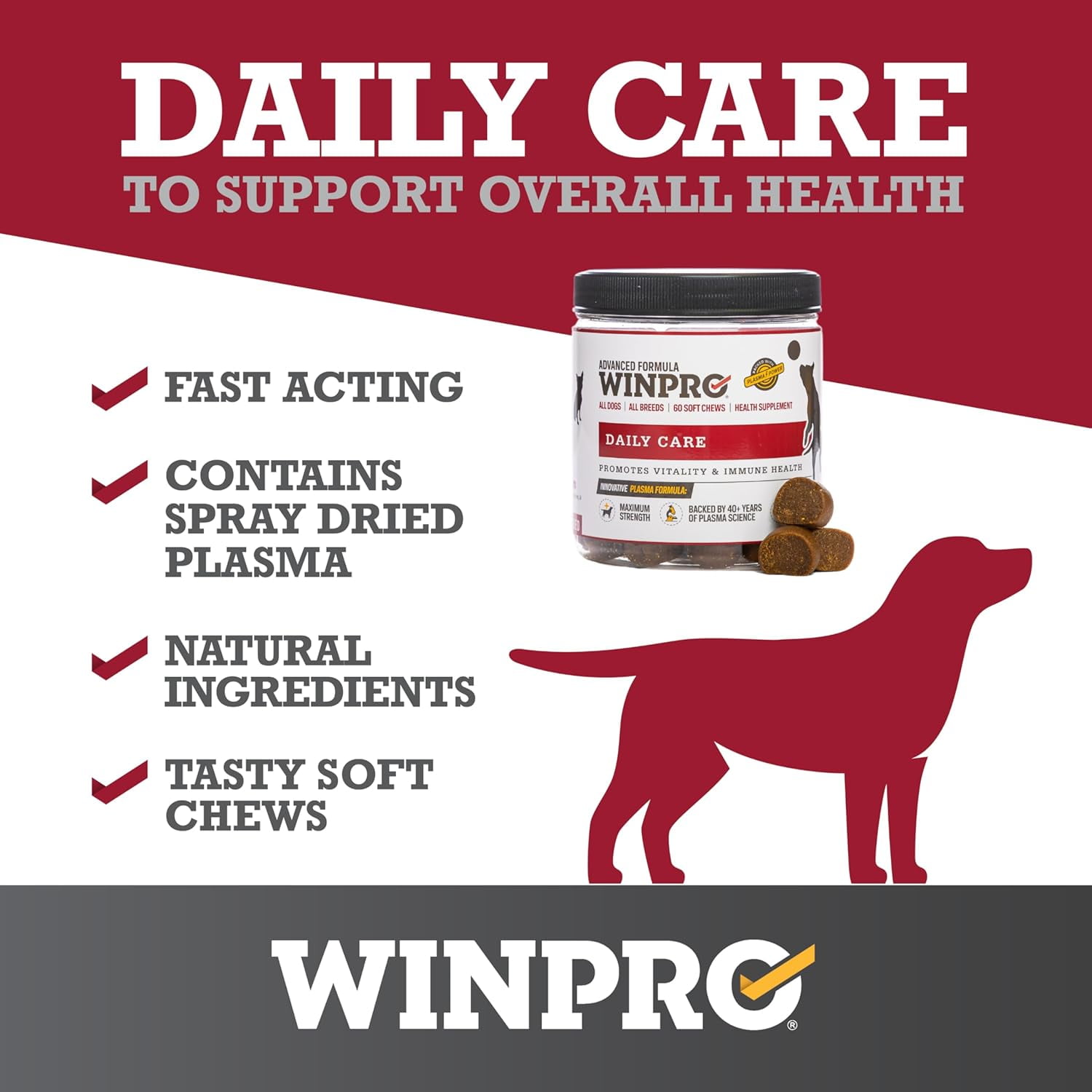 WINPRO Pet Daily Care Chews for Dogs, 60 Soft Chews, Plasma Powered, Grain Free Supplement for Dogs With Probiotics To Support A Healthy Immune System