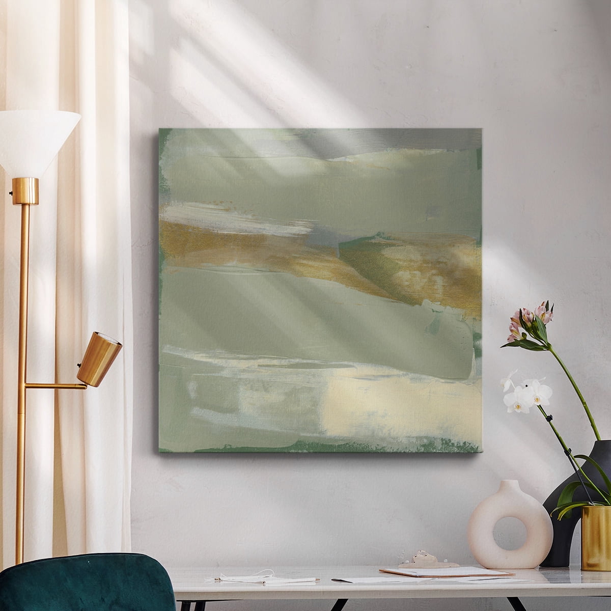 Wexford Home Sage & Gold Swipe V-Premium Gallery Wrapped Canvas, 40" x 40" - Ready to Hang