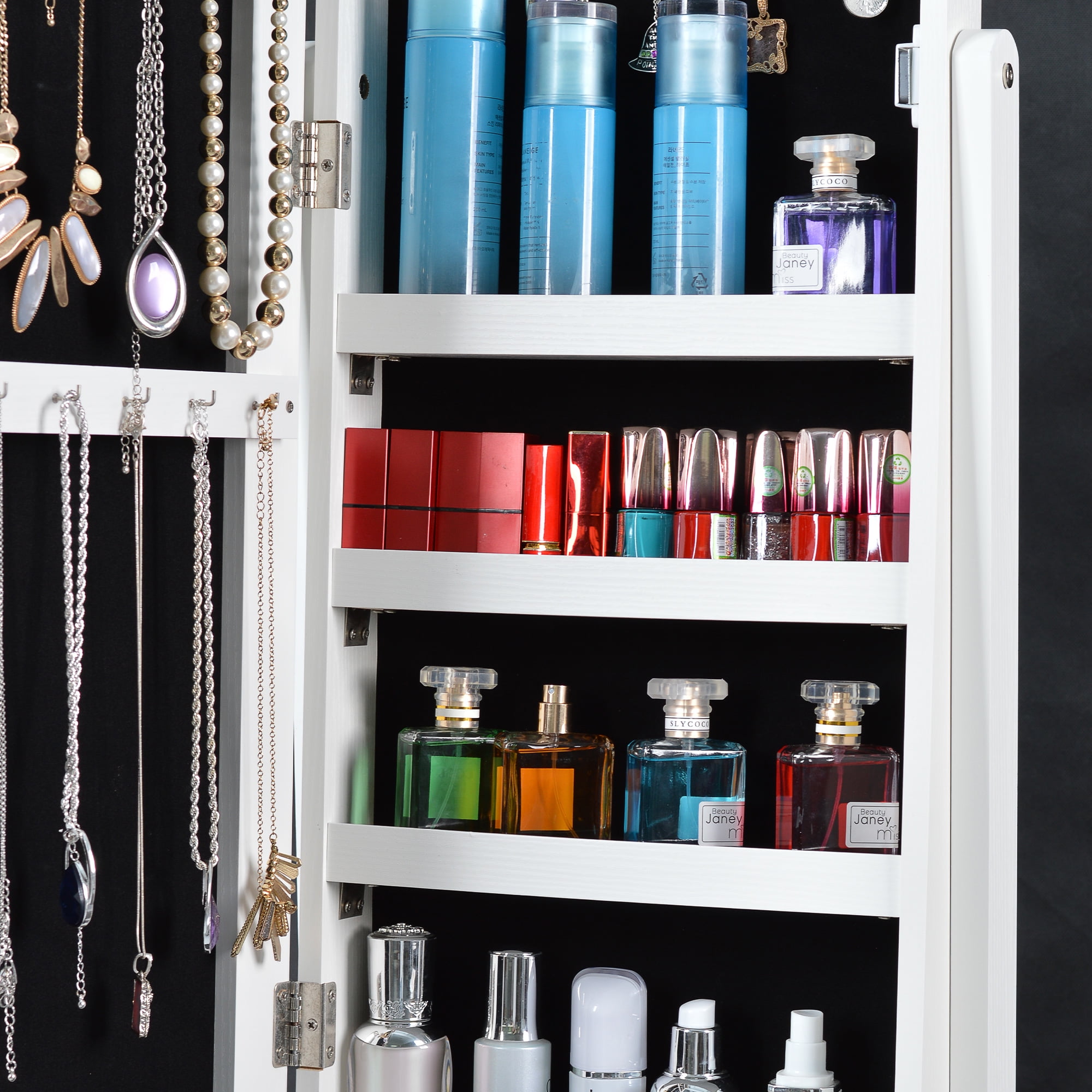 Kepooman Jewelry Mirror Cabinet Organizer, Full Mirror Cosmetic Mirror Cabinet, Freestanding Closet Organizer Cosmetic Tray Rings Necklace Bracelets, White Kepooman Jewelry Mirror Cabinet Organizer, Full Mirror Cosmetic Mirror Cabinet, Freestanding Closet Organizer Cosmetic Tray Rings Necklace Bracelets, White