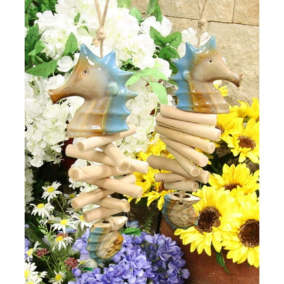 Nautical Ocean Marine Blue Seahorse Hanging Mobiles Set of 2 Sculptures 10.5"H