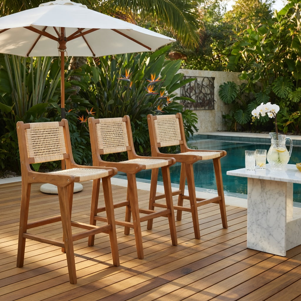Hommoo Outdoor Counter Height Bar Stool, Teak Wood Frame with Hand-Woven Natural Rattan Seat, 26" Seat Height, Rustic Boho Patio & Kitchen Island Chair, Natural