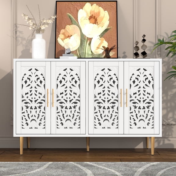 CBJCBJ 48 Retro Storage Cabinet with 4 Doors, Hollow Carved Buffet Hutch for Living Room, Kitchen, Dining & Entryway, Vintage Decorative Organizer (WHITE)
