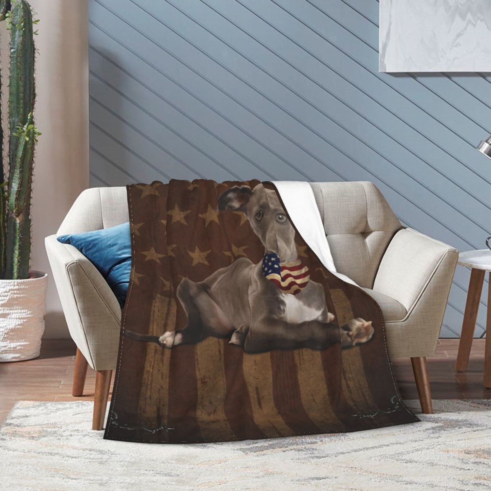 Wijzvio Italian Greyhound Dog With Vintage American Flag Throw Blanket Soft Fuzzy Fleece Blanket For Couch Bed Living Room Decoration 50"X40"