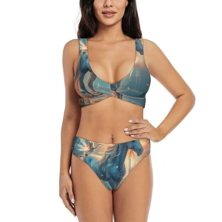 Zeuib Forest Lake White Horse High Waisted Tummy Control Bikini Set - Knot Front Push Up Top & Cheeky Thong Bottom  Two-Piece Swimsuit for Women-XX-Large
