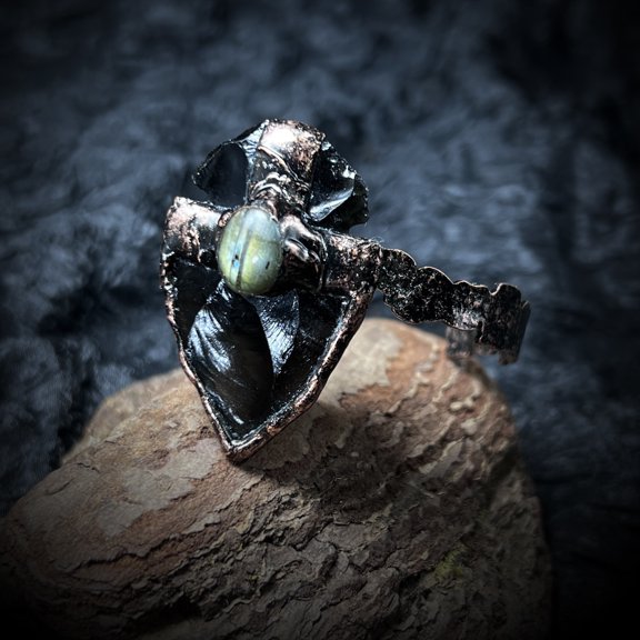 Natural Obsidian Adjustable Shield Ring  Raw Crystal Antique Copper Statement Ring for Women, Boho Gothic Protection Jewelry