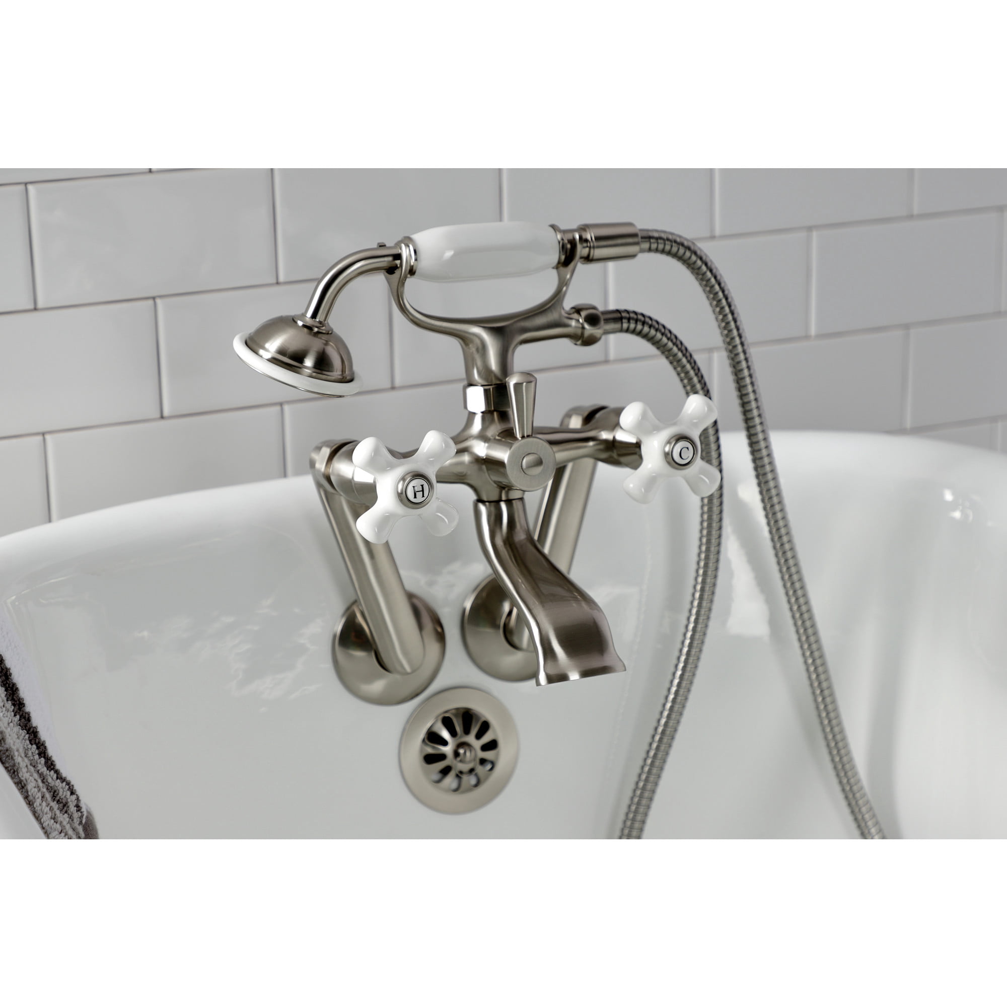Kingston Brass KS269PXSN Kingston Three-Handle 2-Hole Tub Wall Mount Clawfoot Tub Faucet with Hand Shower in Brushed Nickel