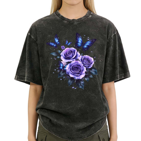 Giffimy Women's Purple Rose Butterfly Vintage Washed T-Shirt Short Sleeve Crewneck Relaxed Fit Tee