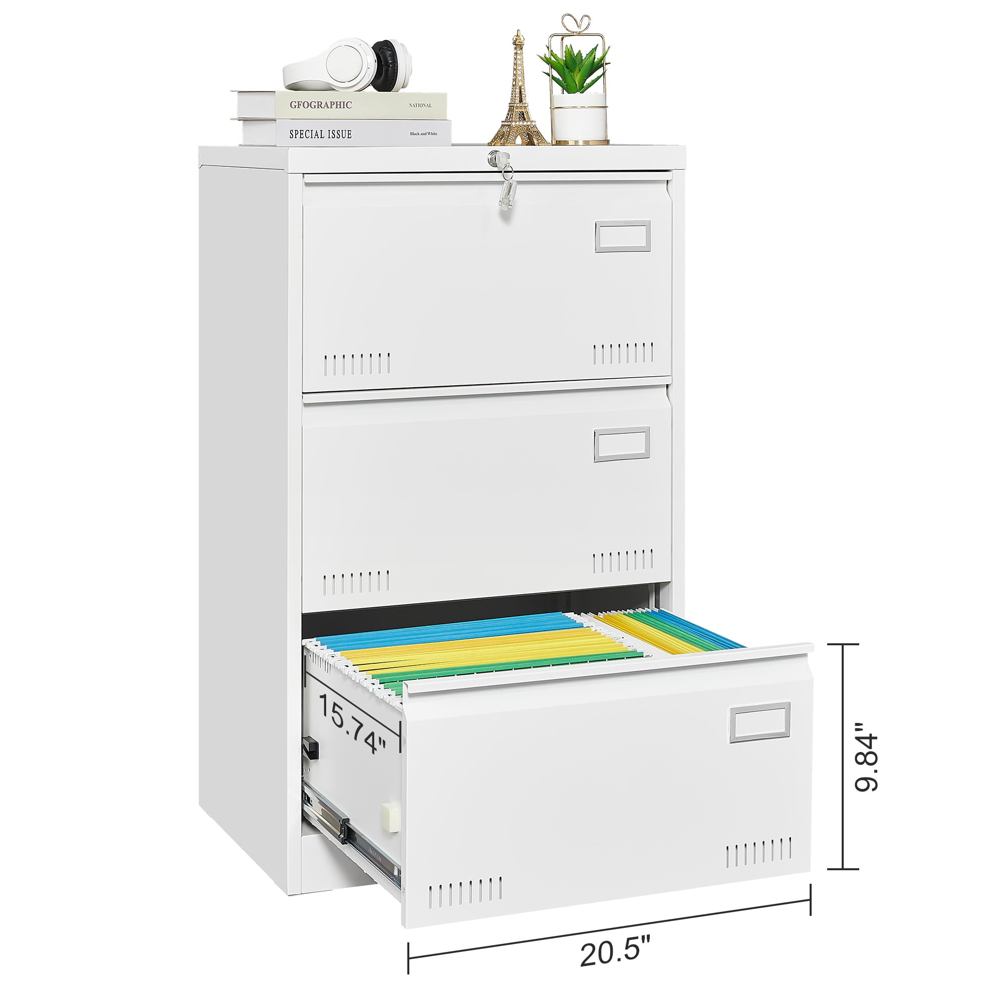 Syngar Metal Lateral File Cabinets with Lock, 3 Widened Drawer Large Filing Cabinet, Lockable Storage Cabinet for Legal/Letter/A4/F4 Size Home Office, White