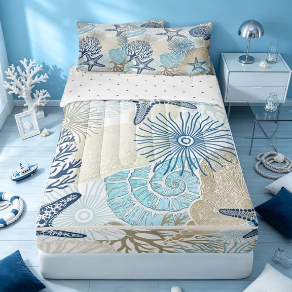 Erosebridal Sea Starfish Zipper Twin Comforter Sets with Fitted Sheet and 2 Pillowcases, Marine Coral Conch Zipper Bedding Set, Reversible