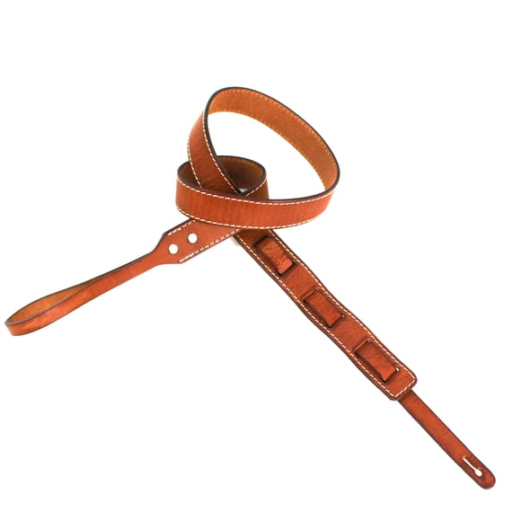 Walker And Williams M-14 Premium Handmade Saddle Tan Thick Grain Leather Loop End Strap With White Stitching For Mandolin, Mandol