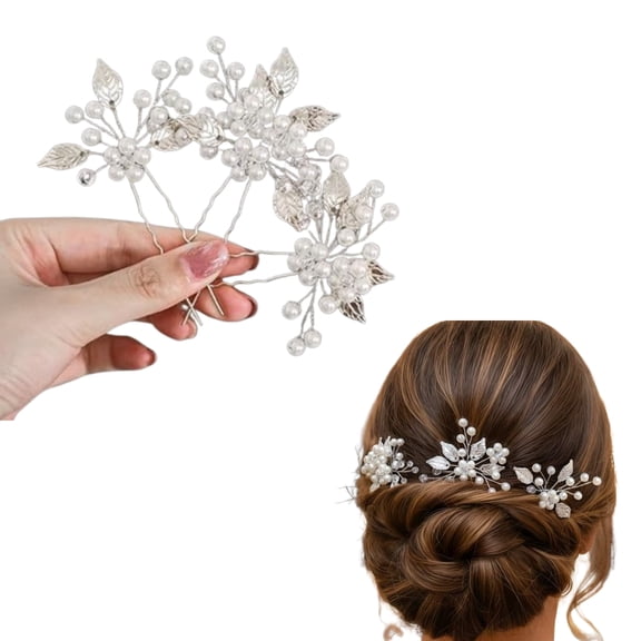 3-Pack Pearl Leaf Bridal Hair Pins, Alloy Rhinestone Floral Hair Accessories for Wedding Prom Party (Silver)
