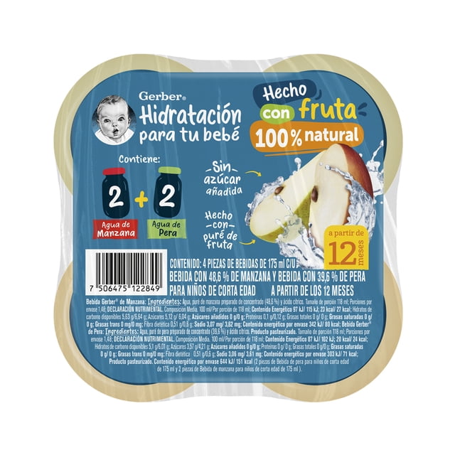 4 Pack Bebidas Gerber 4 Etapa 2 Botellas Sabor Manzana y 2 Botellas Sabor Pera de 175 ml c/u