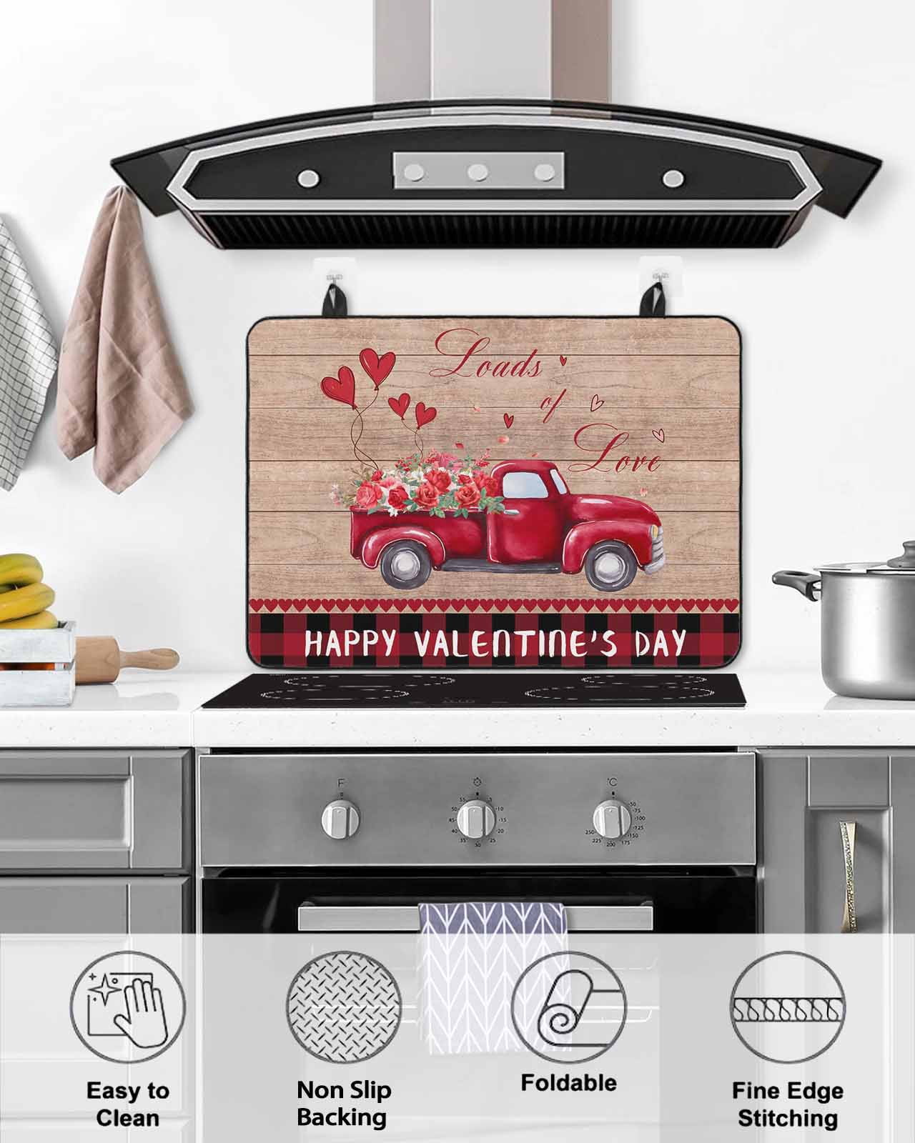 Large Induction Cooktop Protector Mat Valentine's Day Stove Top Covers for Electric Stove, Red Love Heart Roses Romantic Truck Wooden Decorative Stove Burner Cover Mats, Glass Top Stove Cover