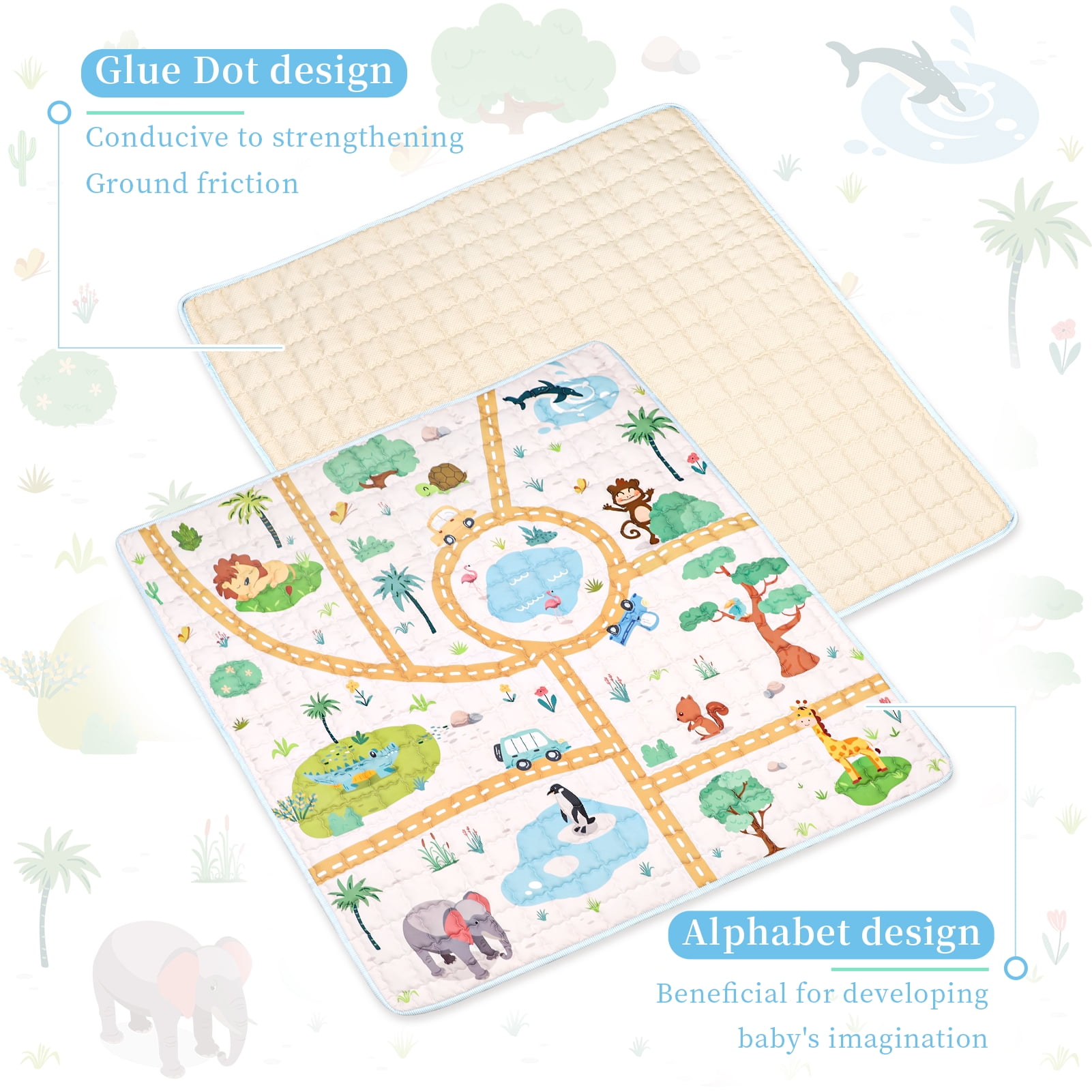Baby Mat for Floor, Non-Slip 50x50 Mat, Thick One-Piece Crawling Mat, Infants mat Foldable and Machine Washable for Boys (Animals)