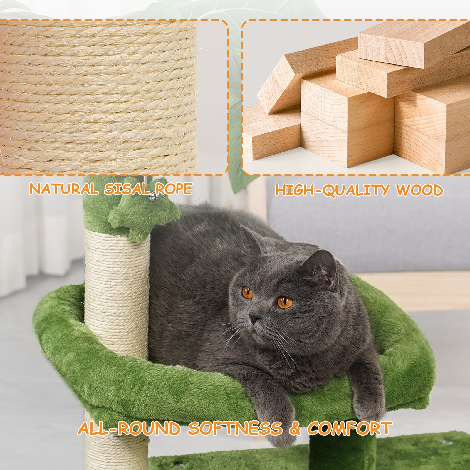 OSM 32 Inch Cat Tree for Kittens and Senior Cats, Low-Profile Cat Tower with Scratching Posts, Cozy Condo, Perch & Hanging Toys, Leaf-Themed Space-Saving Cat House, Green
