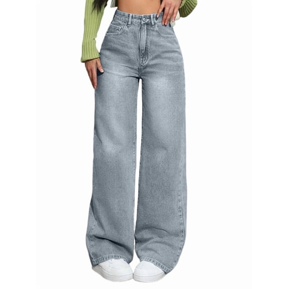 Women'S Baggy Straight Leg Jeans Elastic High Waisted Denim Pants Bottoms with Pockets Gray Blue S