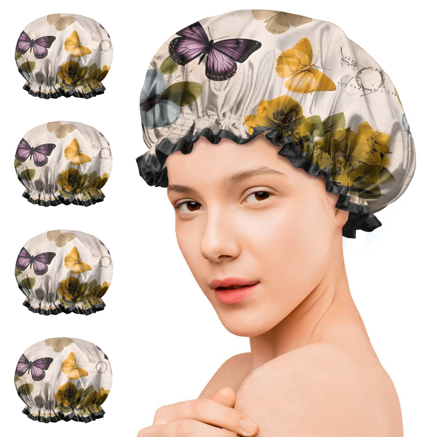 Shower Caps,Vintage Butterfly Flower Pattern Waterproof Shower Cap for Women 4 Pieces,Double Reusable Hair Cover for Shower PEVA Elastic Stretch Hem