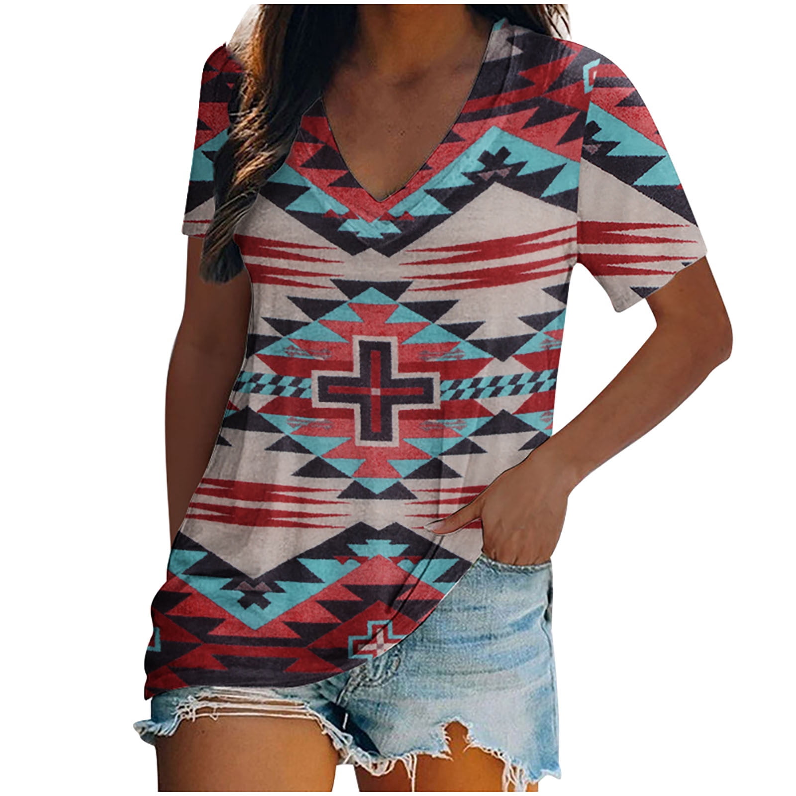 USSUMA Womens Summer Tops Aztec Western 