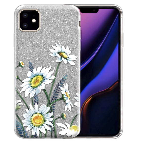 FINCIBO Silver Gradient Glitter Case Sparkle Bling TPU Cover for Apple iPhone 11 6.1" 2019, Daisies Flowers