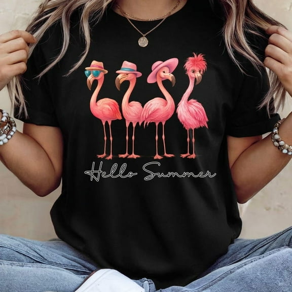 Hello Summer Flamingo T-shirt, Funny Summer, Summer Girly, Beach T-shirt, Vacation T-shirt, Pink Summer, Tropical Flower T-shirt.
