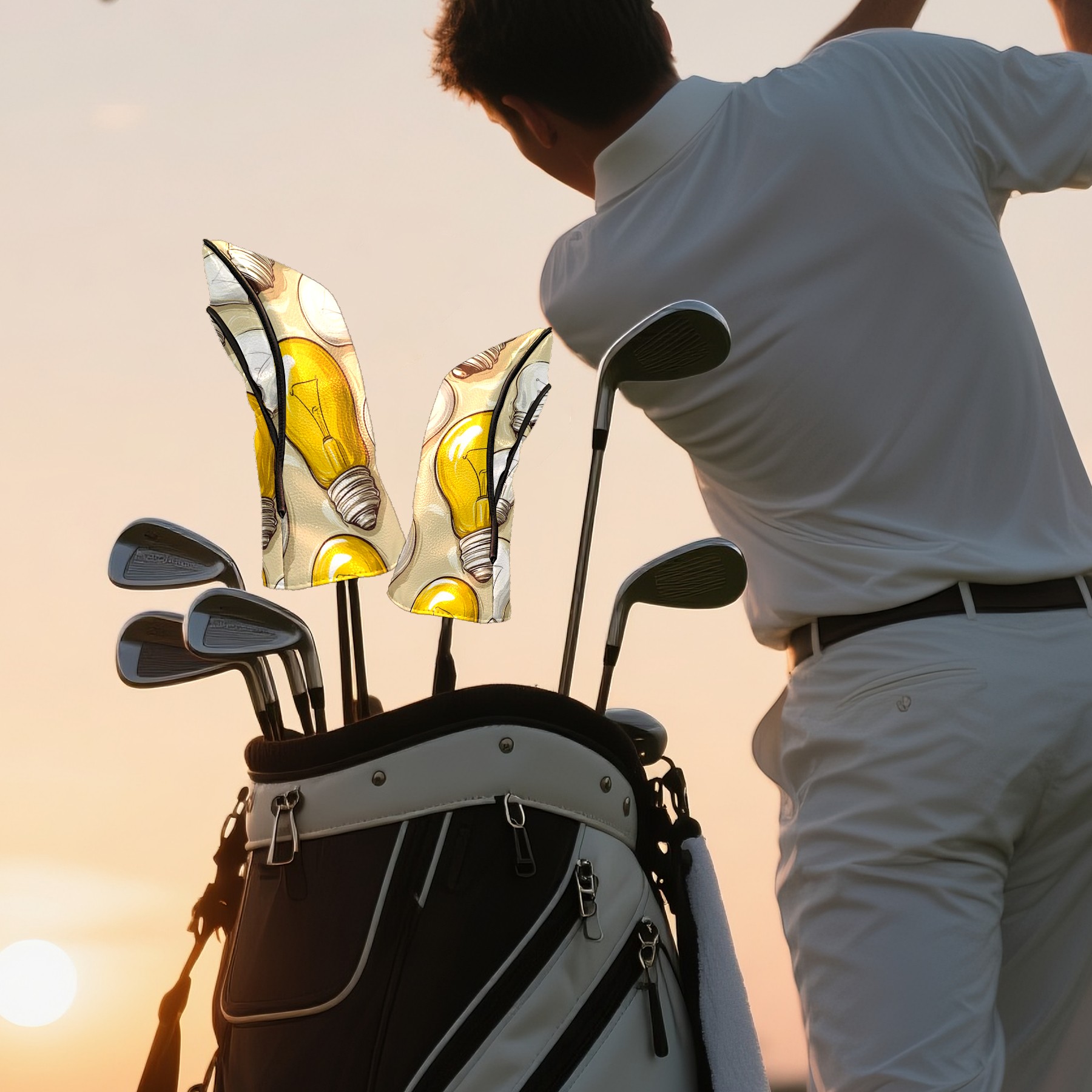 Golf Club Head Covers - Light Bulb Pattern, PU Leather, Waterproof, Fits Fairway Woods/Hybrid, Unisex, Fits Most Brands
